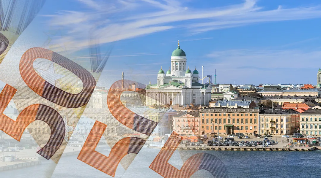 Maisemakuva Helsingistä, kuvan etualalla leijuu 50 euron seteleitä.