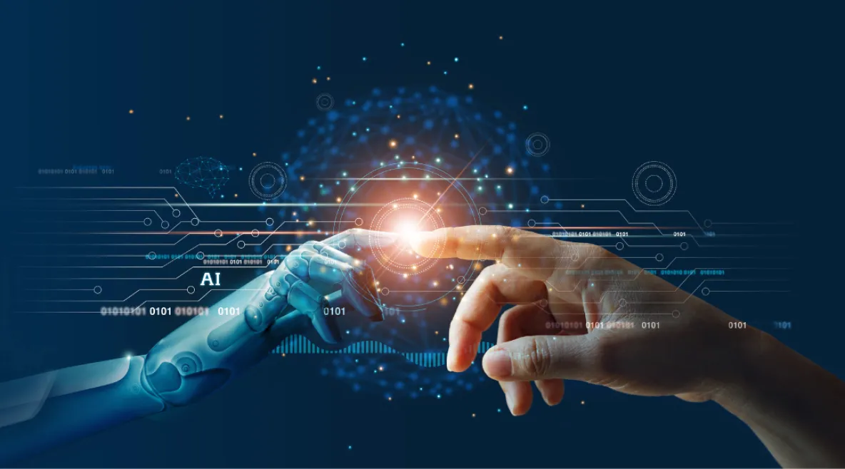 Kuvassa robottikäden etusormi koskettaa ihmiskäden etusormea.