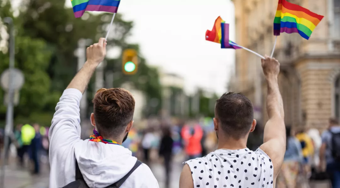 kaksi miestä kuvattuna selkäpuolelta, kun he marssivat Pride-liput käsissään kadulla.
