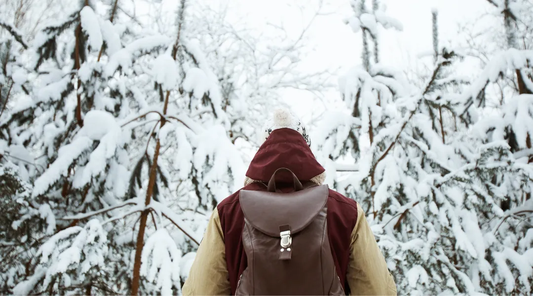 Mies seisoo takaapäin kuvattuna vaalea pipo päässä, ruskea hupullinen takki ja ruskea nahkareppu selässä lumisen metsän edessä. 
