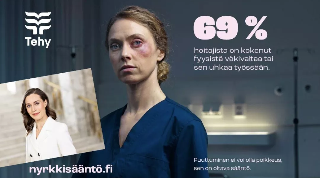Tehyn Nyrkkisääntö-kampanjan kuva. Kuvassa hoitajalla on musta silmä. Kuvan päällä on kuva Sanna Marinista.