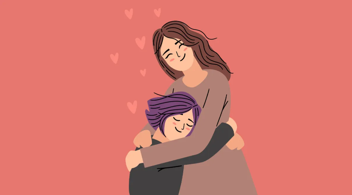 Piirroskuvassa nuori lapsi halaa äitiään.