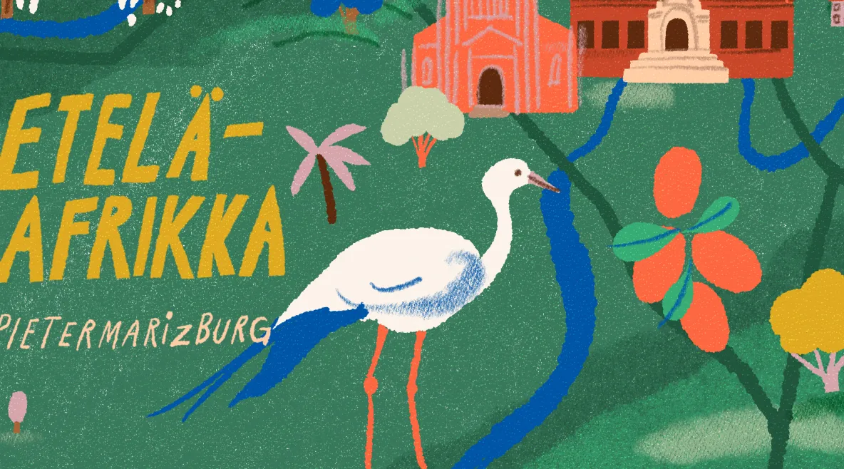 Piirroskuvitus Etelä-Afrikasta.