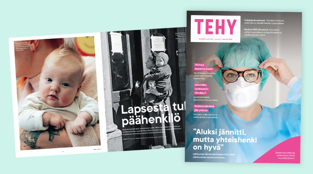 Tehy-lehden kansi 4/22 ja aukeama lehdestä 10/22.