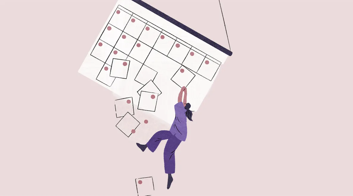 Kuvituskuva, jossa ihminen roikkuu kalenterin yhdessä päivässä.