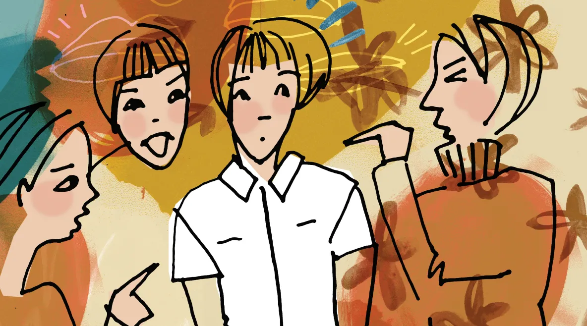 Kuvituskuva hoitajasta, jonka ympärillä muut ihmiset ilkkuvat häntä.