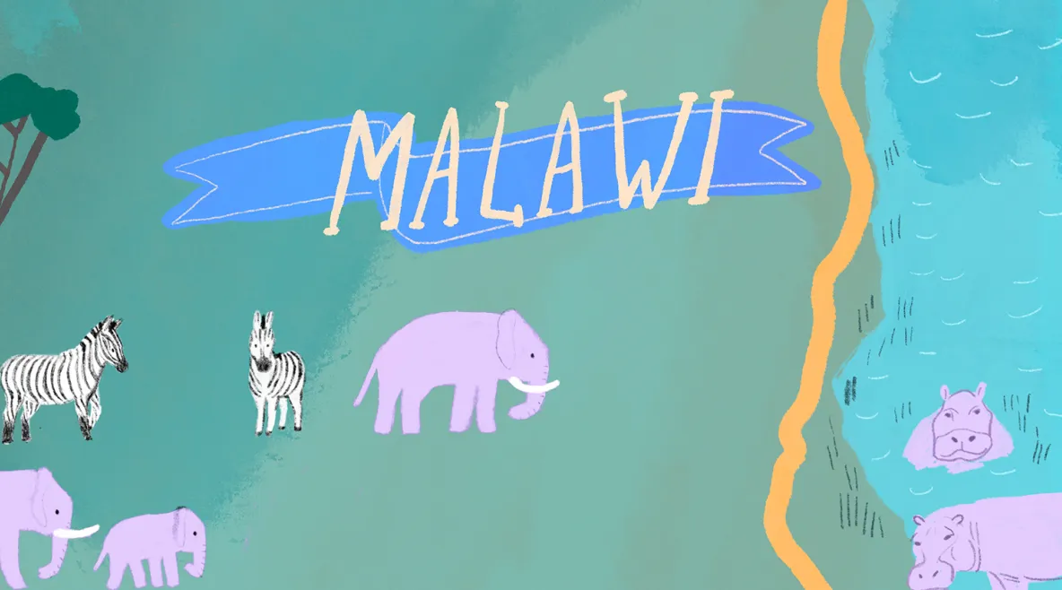 Kartta Malawista, keskellä kuva norsusta ja oikealla Malawi -järvi.