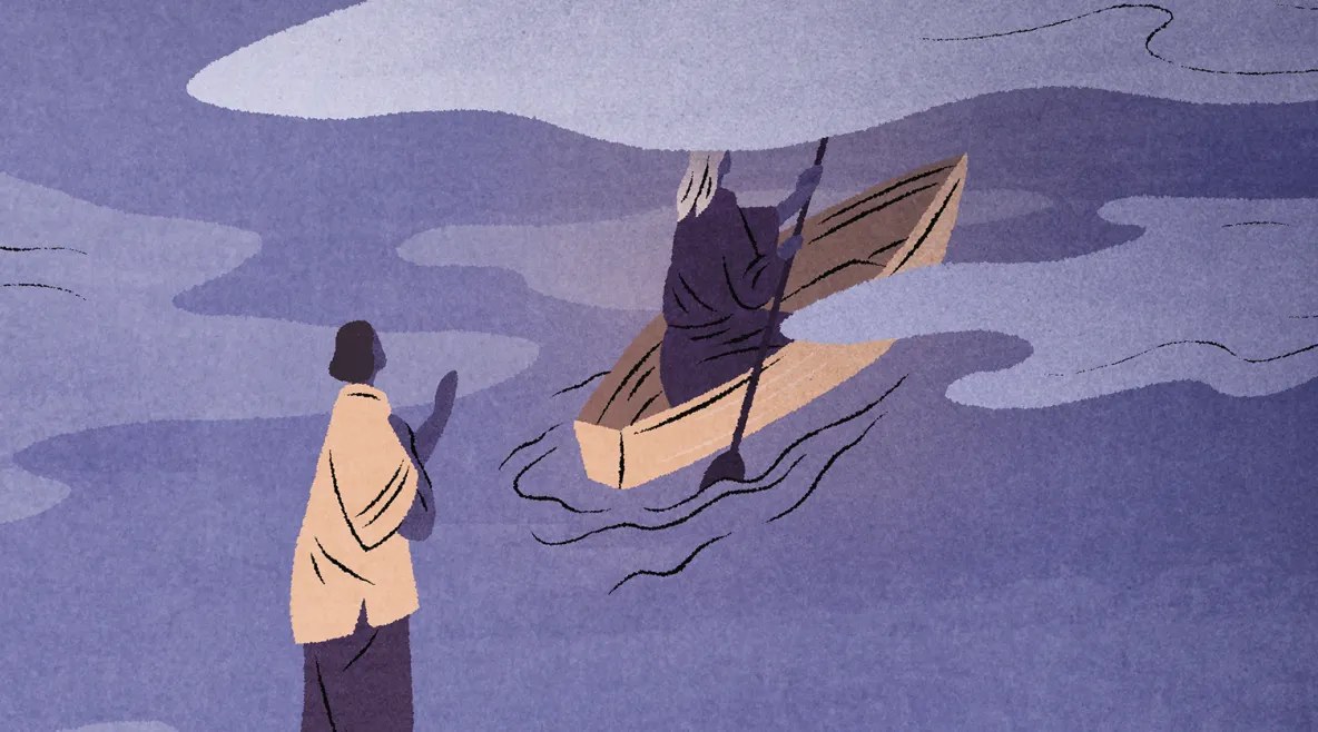 Piirroskuvassa yksi henkilö vilkuttaa rannalla ja toinen meloo kajakilla poispäin.