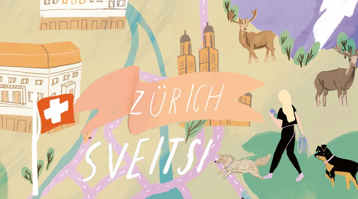 Piirroskuvitus Zürichin lähialueesta ja Veera Peuhkuri koirineen.