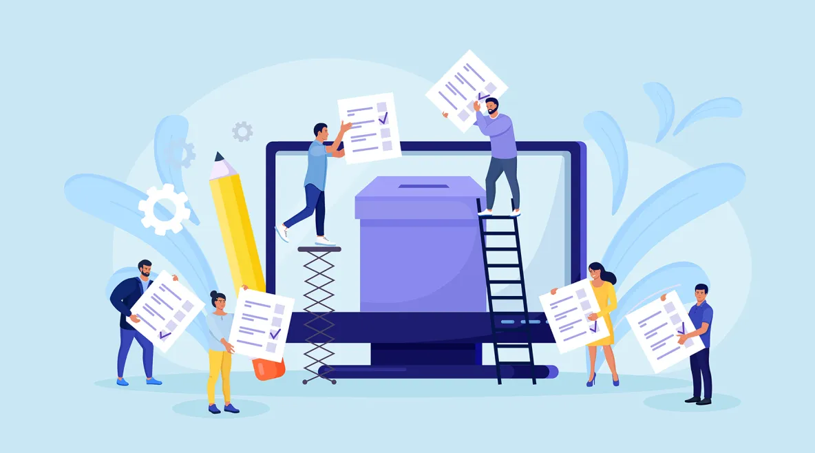 Piirroskuva, jossa hahmot laittavat äänestyslippuja uurnaan.