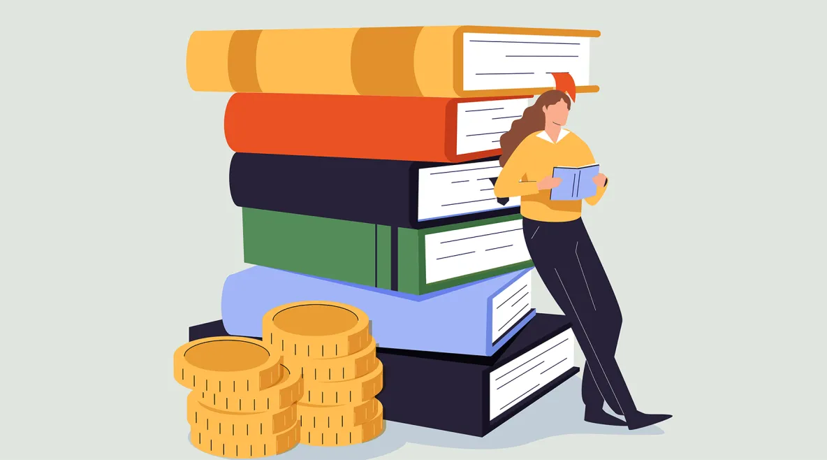 Piirroshahmo nojaa kirjakasaan. 