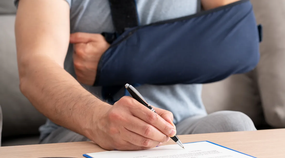 Mies kirjoittaa kynällä paperiin. Toinen käsi on kantositeessä. 