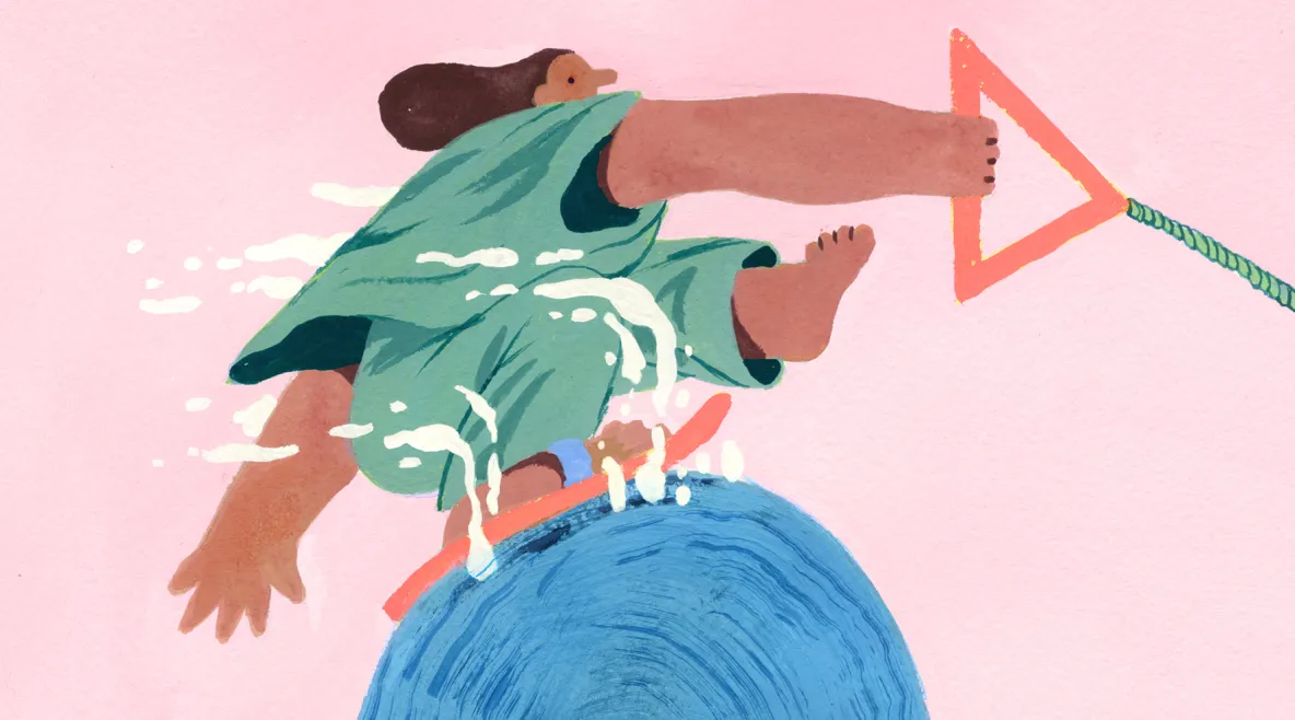 Piirroskuva, jossa hoitajahahmo surffaa aallon huipulla.