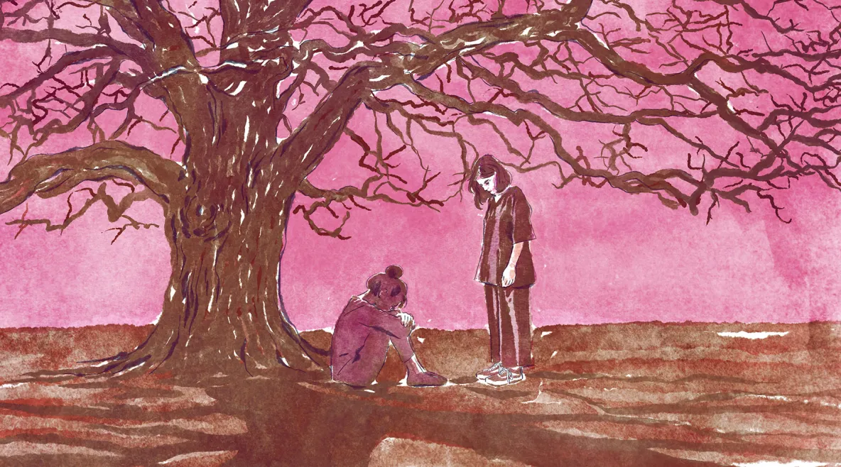 Piirroskuva, jossa surullinen ihminen istuu puun alla.