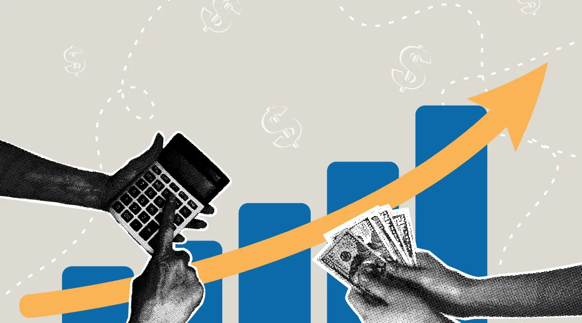 Piirroskuvassa kahdet käsiparit, joista toinen pitelee laskinta ja toinen seteleitä. Taustalla graafisia pykäliä ja nuolen suuntaus ylöspäin.