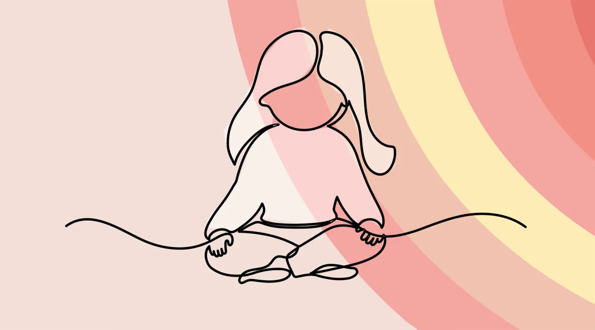 Piirroskuva, jossa lapsihahmo istuu lattialla jalat ristissä.