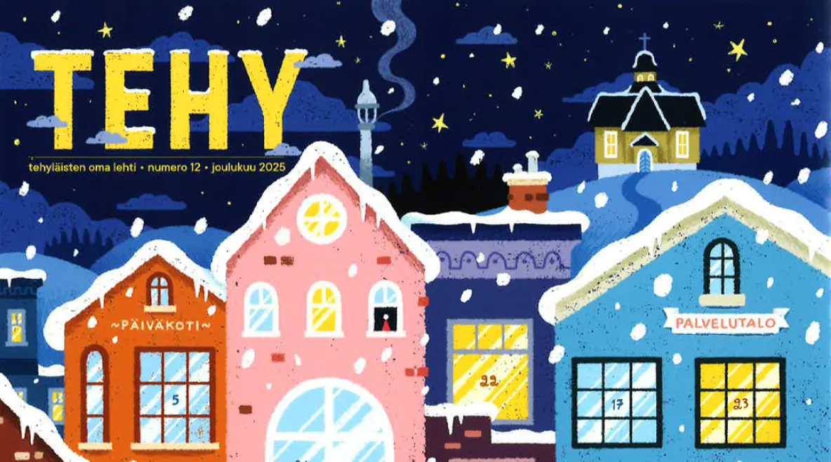 Kuvassa Tehy-lehden joulukalenterikansi. Piirroksessa on värikkäitä taloja tummaa yötaivasta vasten ja Tehy-logo keltaisella.