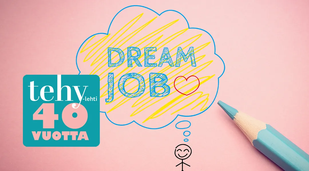 kynä ja piirretty kuva tikku-ukosta ja ajatuskuplasta, jossa teksti 'dream job'