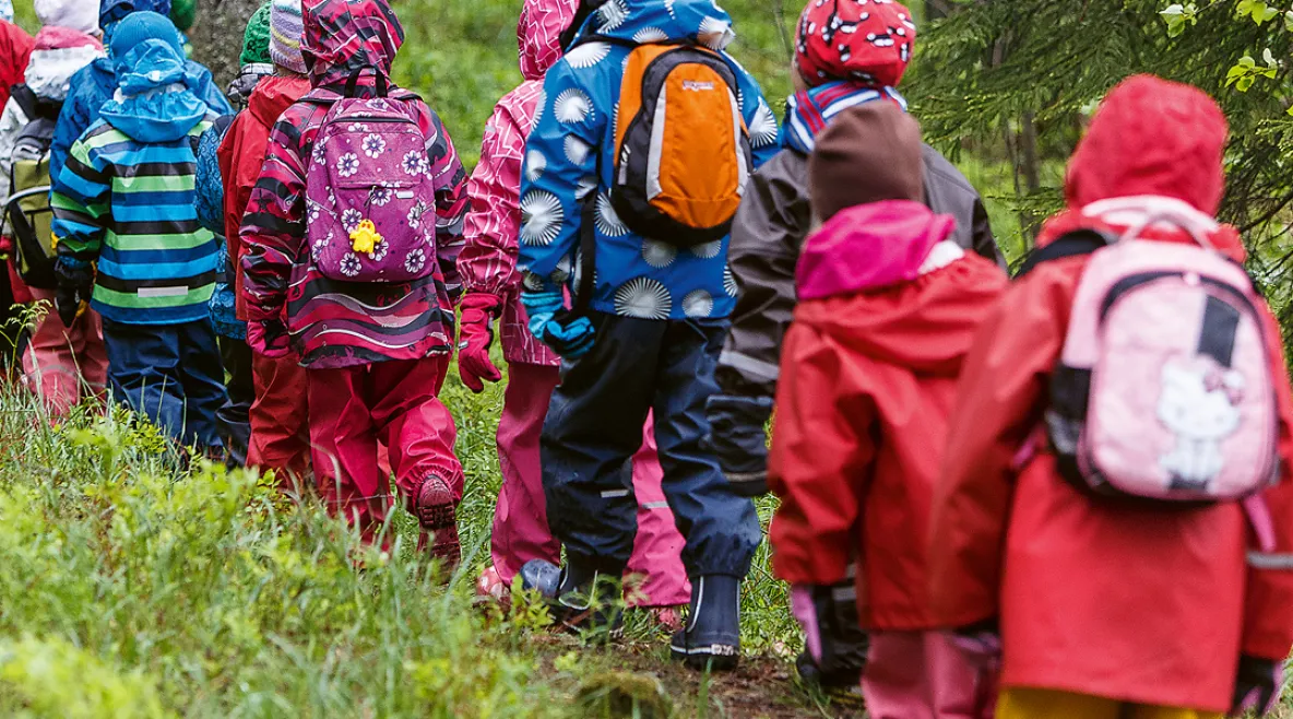 Päiväkotilapset kävelevät metsässä jonossa sadevarusteissa.