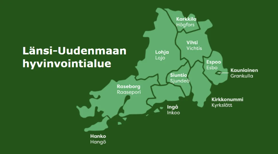Länsi-Uudenmaan hyvinvointialueen kartta.