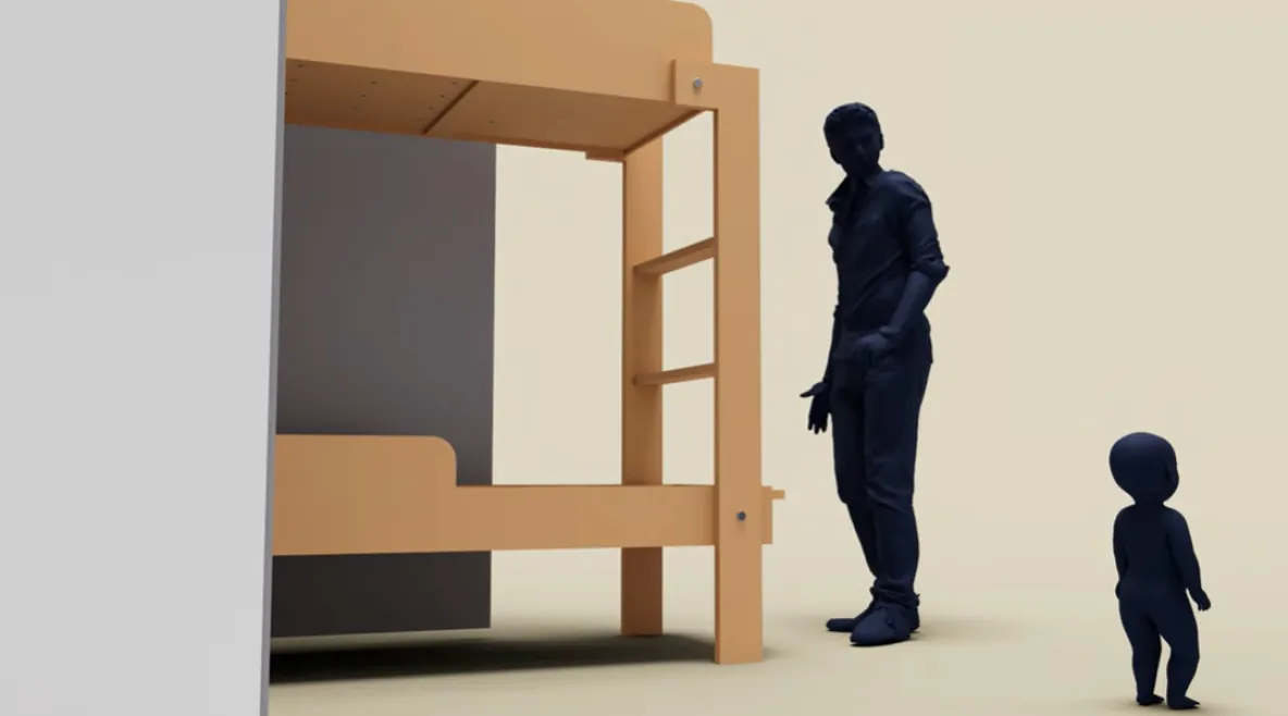 Otkes selvitti Vantaan Myyrmäessä maaliskuun lopulla sattunutta onnettomuutta, jossa pieni lapsi luisui kaappisängyn ja seinän väliin ja jäi ylävartalostaan sinne puristuksiin. Havainnekuva videolta, jossa ihmishahmo on aloittamassa kaappissängyn nostamista ylös.