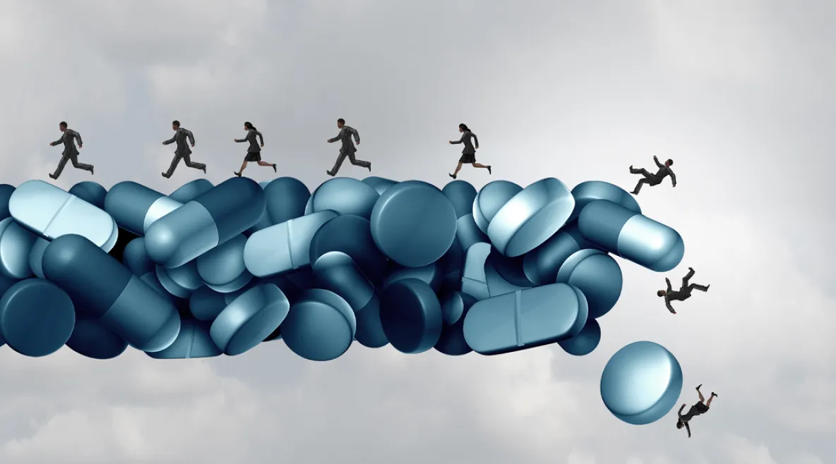 Kuvituskuva hahmoista, jotka tasapainottelevat pilleripinon päällä ja loppupäästä hahmoja putoaa.