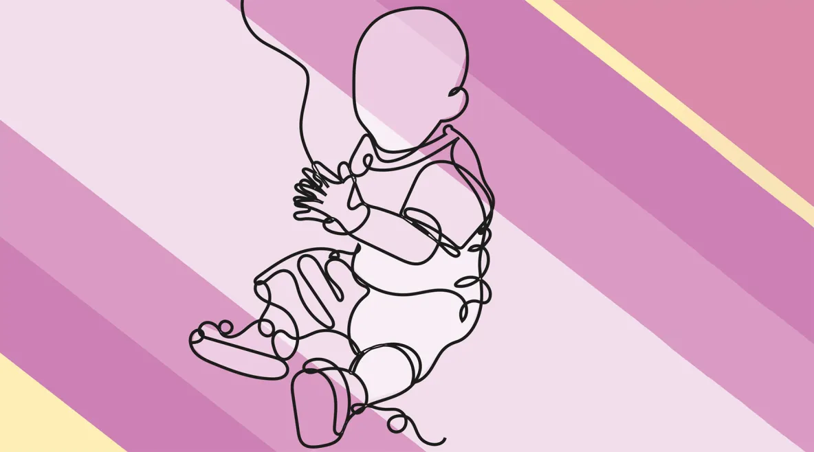 Piirretty lapsihahmo värikkäällä pohjalla. 