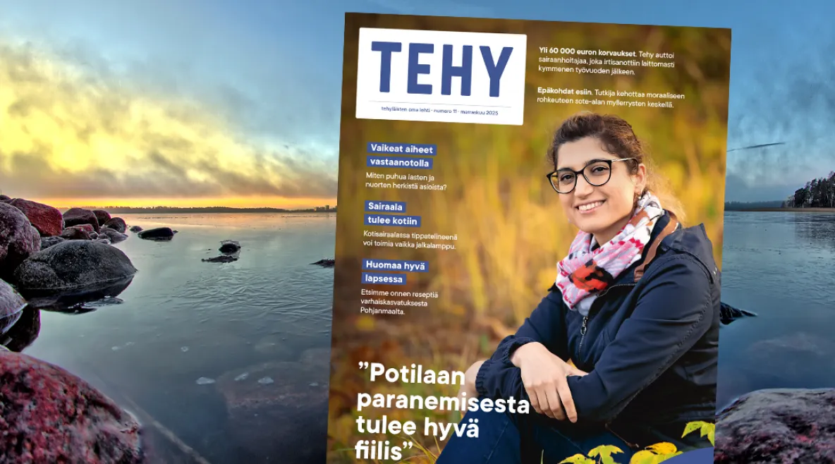 Syksyinen merimaisema taustalla ja edustalla Tehy-lehden marraskuun 202 kansi.