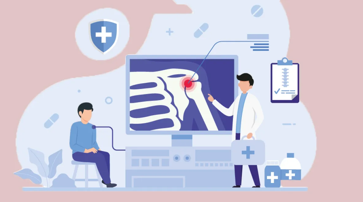 Piirroskuva, jossa lääkäri esittelee potilaalle olkapään rtg-kuvaa