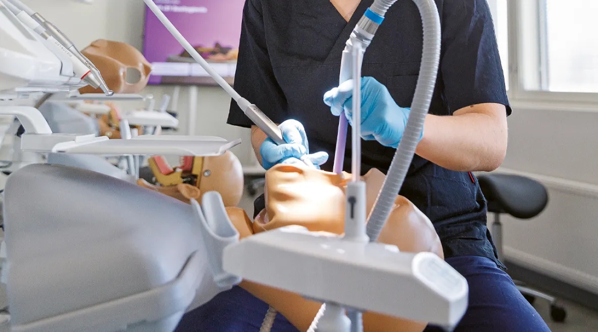 Suun terveys vahvemmin osaksi hoivatyötä – ministeriön työryhmä pohtii ohjeistuksia. Opiskelija harjoittelemassa suunhoitoa mallinuken kanssa.