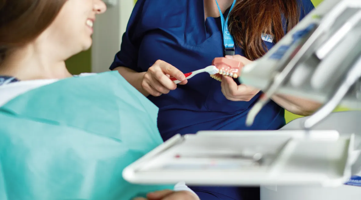 Suuhygienisti näyttää mallihampailla potilaille hampaiden harjausta.