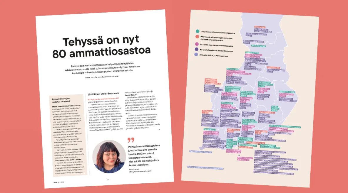 Tehy-lehdessä 4/2026 oli kartta Tehyn ammattiosastoista.