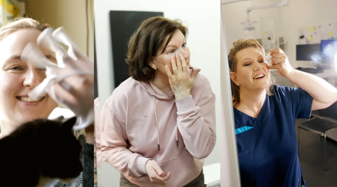 Tehyläiset kertovat testatut ihonhoitovinkkinsä. Kuvassa haastatellut rasvaavat käsiään ja ihoaan ja laittavat kosteuttavia silmätippoja.