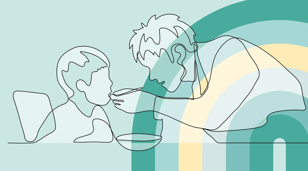 Piirroskuva, jossa aikuinen syöttää lasta.