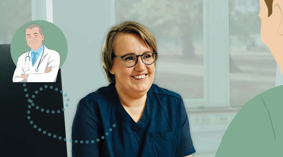 Kuvituskuva, jossa sairaanhoitaja Henriikka Priha pitää vastaanottoa piirrosmiljöössä. 