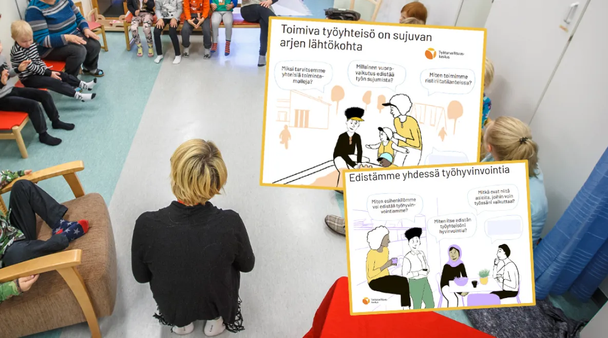 Päiväkodissa ollaan kokoonnuttu piiriin. Kuvaan on liitetty keskustelukortit.