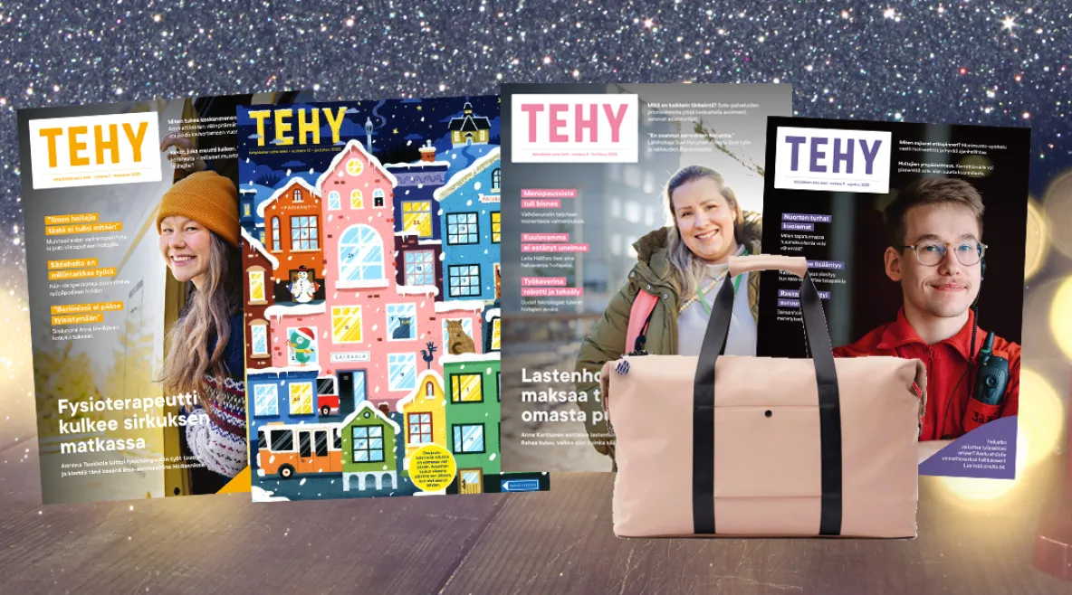 Vuoden 2025 Tehy-lehden kansia tähtitaivasta vasten ja viikonloppulaukku.
