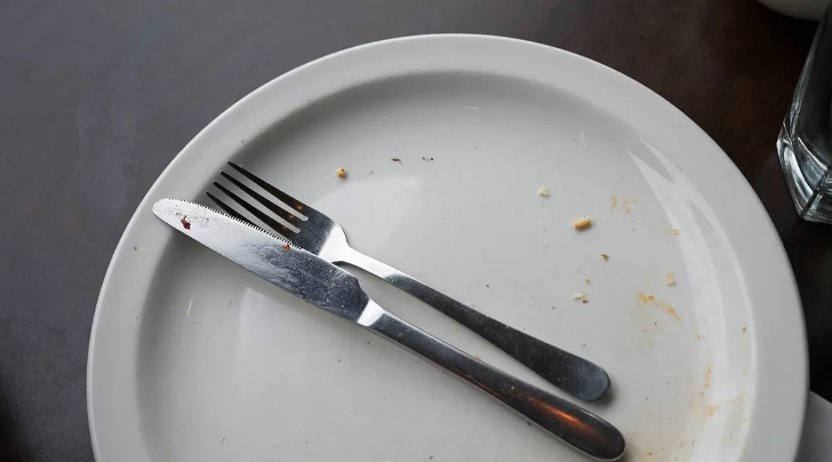 Tyhjä lautanen, jossa näkyy vielä ruoan murusia. Haarukka ja veitsi aseteltuna lautasen päälle.