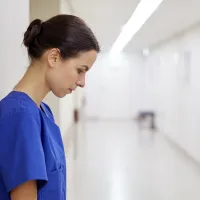 Kuvassa on naissairaanhoitaja, joka nojaa seinään katse luotuna alas sairaalan käytävällä.