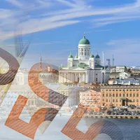 Maisemakuva Helsingistä, kuvan etualalla leijuu 50 euron seteleitä.