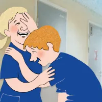 Piirroskuva, jossa kaksi hoitajaa nauraa katketakseen.