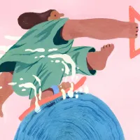 Piirroskuva, jossa hoitajahahmo surffaa aallon huipulla.