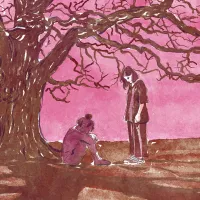 Piirroskuva, jossa surullinen ihminen istuu puun alla.