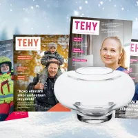 Vuoden 2024 Tehy-lehtien kansia ja Marimekon kynttilälyhty.