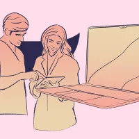 Kuvassa on mies, nainen ja tietokone