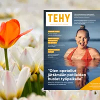 Tehy-lehden 6-7/2022 kansi ja taustalla tulppaaniniitty.