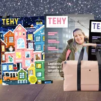 Vuoden 2025 Tehy-lehden kansia tähtitaivasta vasten ja viikonloppulaukku.