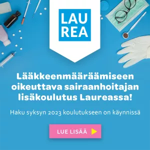 LAUREA-mainos lääkkeenmäärämiseen oikeuttavasta sairaanhoitajan lisäkoulutuksesta.