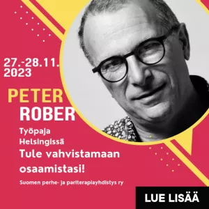 Suomen perhe- ja pariterapia ry:n mainos työpajasta.