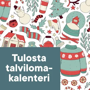Piirroskuvassa jouluisia ja talvisia esineitä ja asioita.